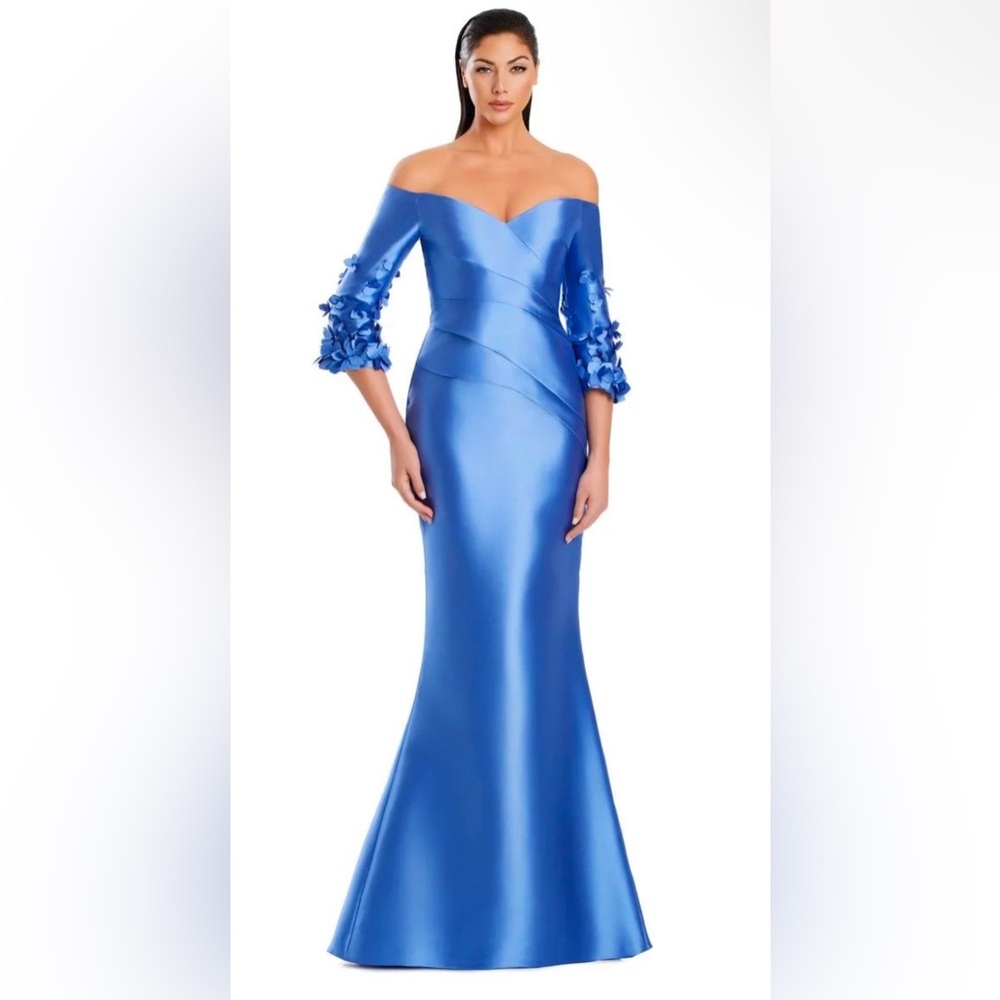 Embellished Blue Asymmetrical Gown with Bell Sleeves